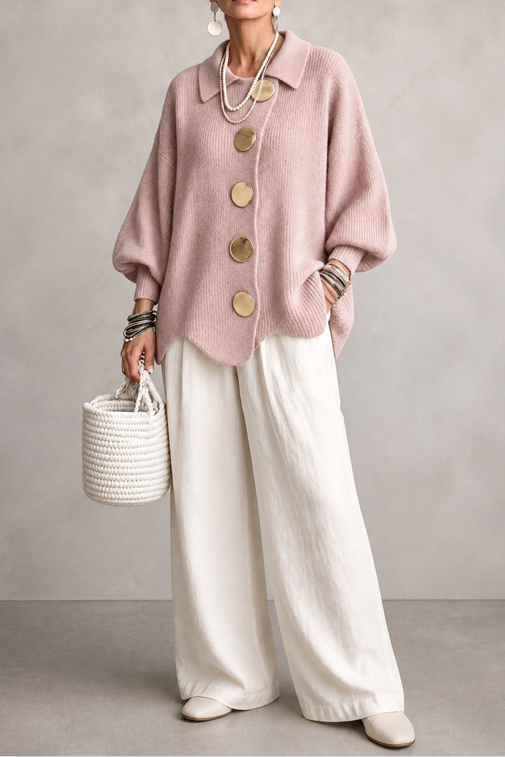 Wearbella – Oversized Scalloped-Hem Button Cardigan