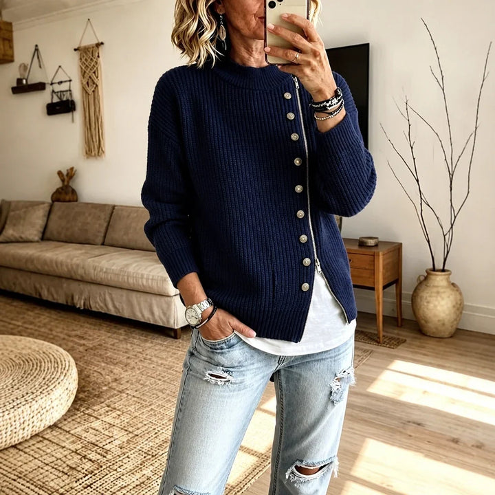 Velaire – Asymmetric Button Zip Ribbed Knit Pullover