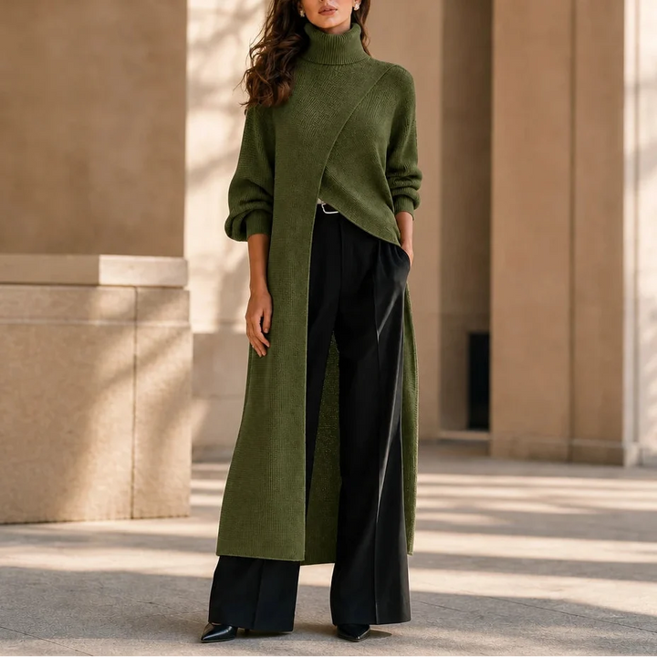 Linevera – Pit-Stripe Ribbed Asymmetric Turtleneck Top