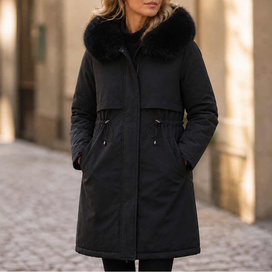 Velora – Hooded Mid-Length Faux-Fur Coat