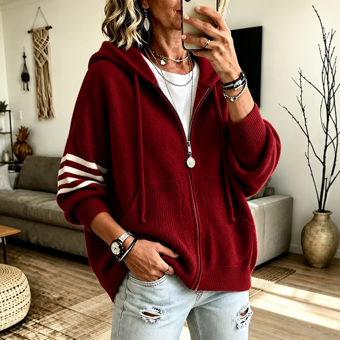 Wearbella – Striped-Sleeve Drop-Shoulder Zip Hoodie