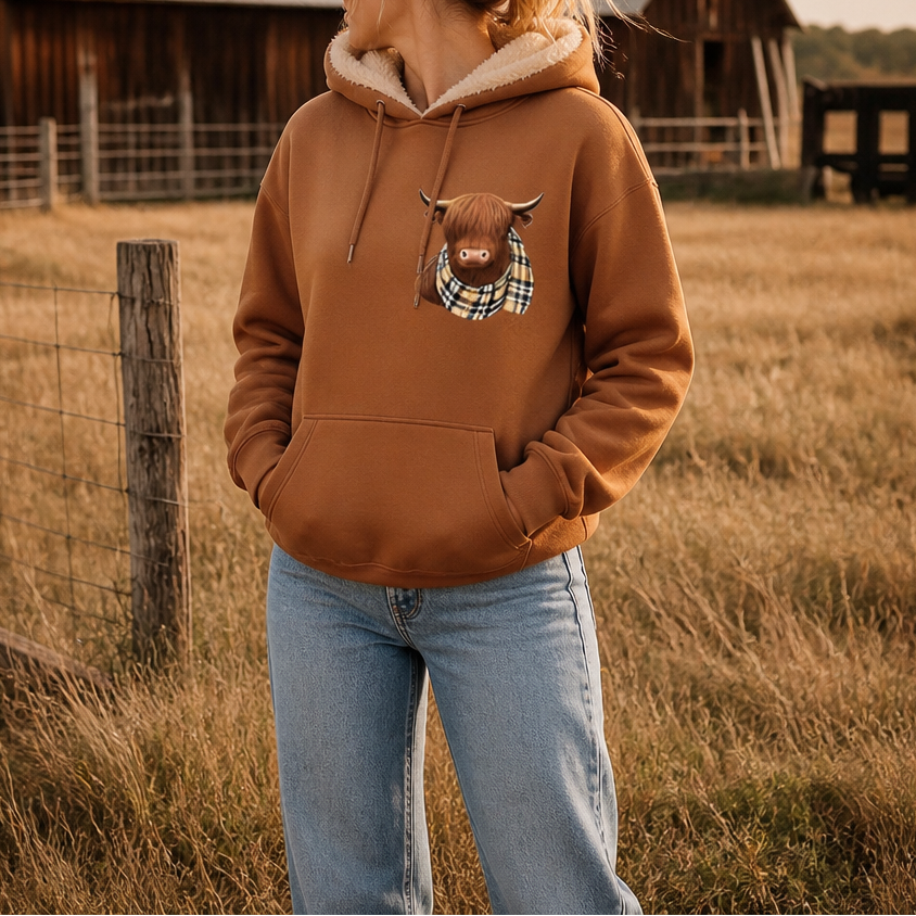 Highland Hearth – Fleece-Lined Highland Cow Graphic Hoodie