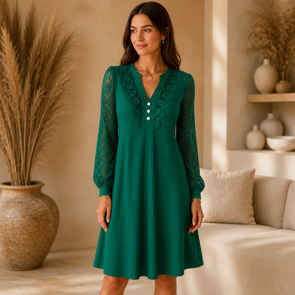 Vellora – V-Neck Lace Lantern-Sleeve A-Line Dress