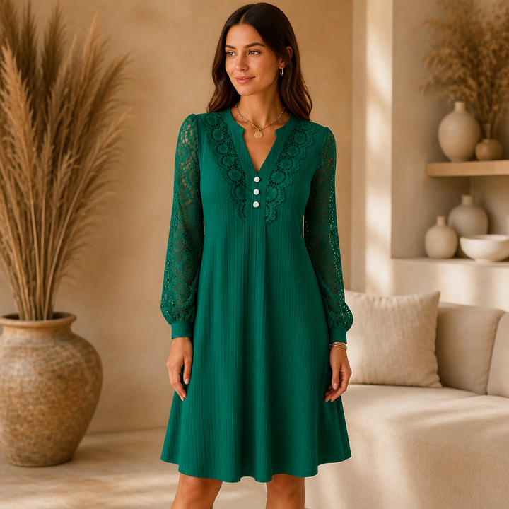Vellora – V-Neck Lace Lantern-Sleeve A-Line Dress