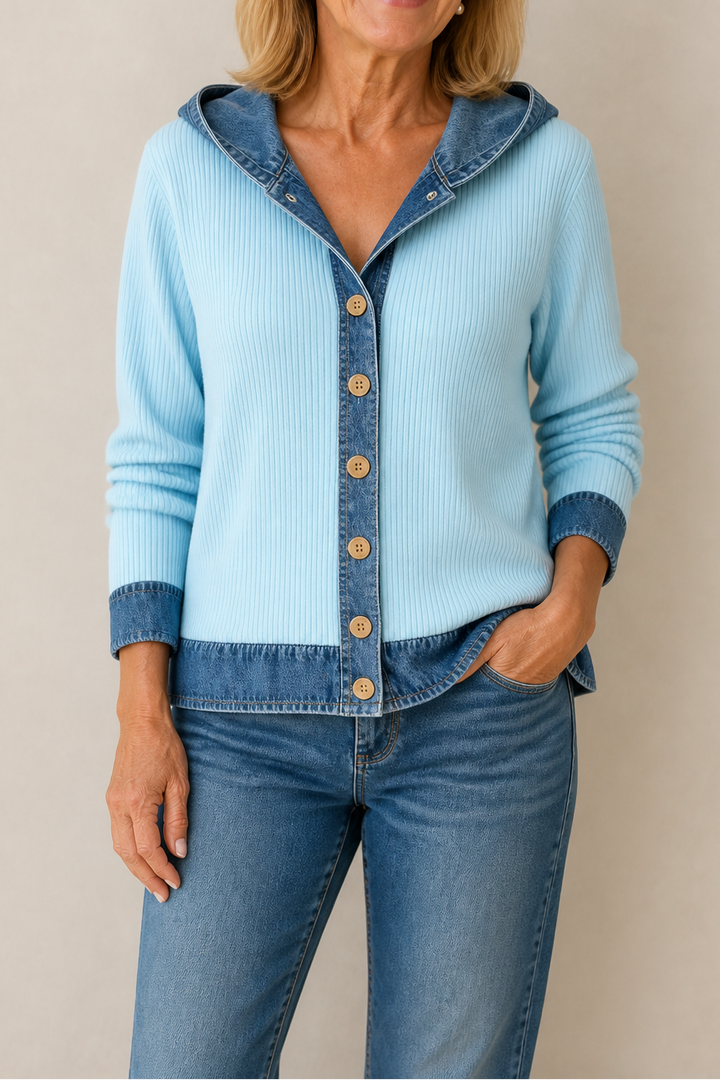 Havelyn – Denim-Trim Hooded Knit Cardigan