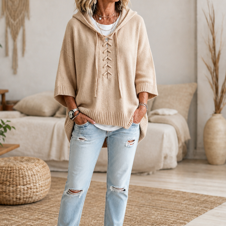 Lunarknit – Lace-Up Deep V Hooded Knit Pullover