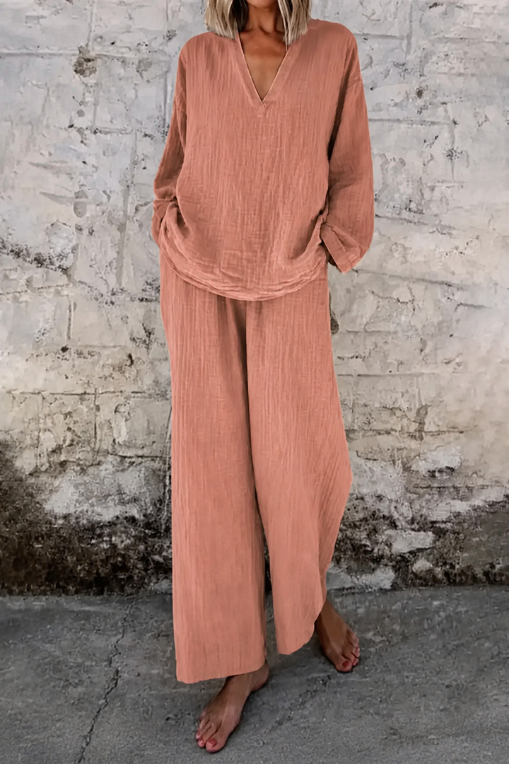 Wearbella – V-Neck Top And Wide-Leg Pant Set
