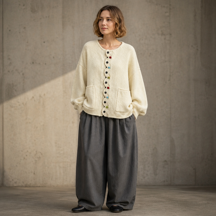 Wavelyn – Wavy Placket Lantern Sleeve Cardigan
