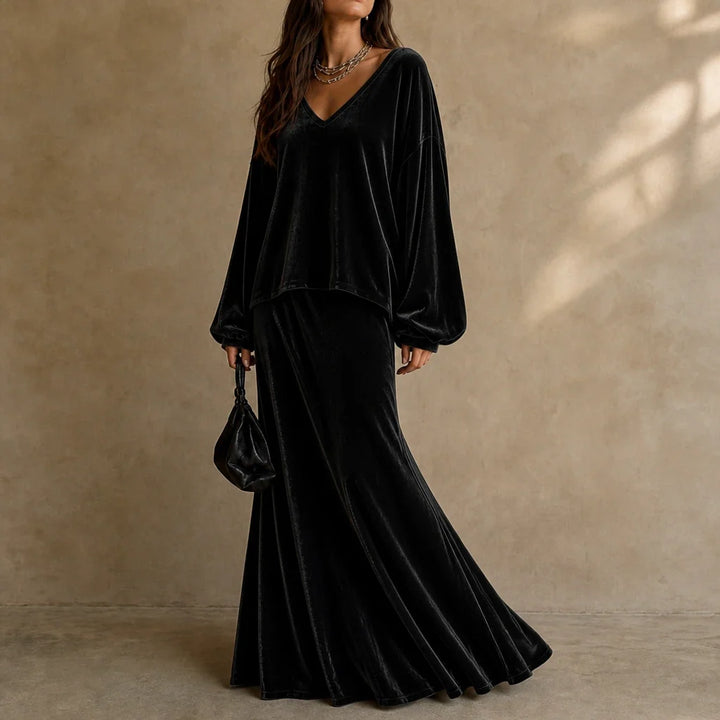 Veloura – Relaxed Velvet Top And Flared Maxi Skirt Set