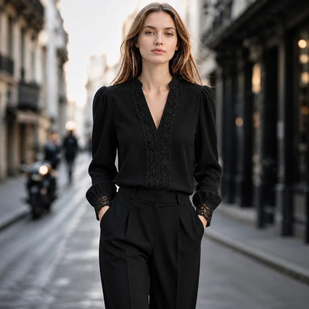 Lacevera – Lace-Trimmed V-Neck Chiffon Blouse