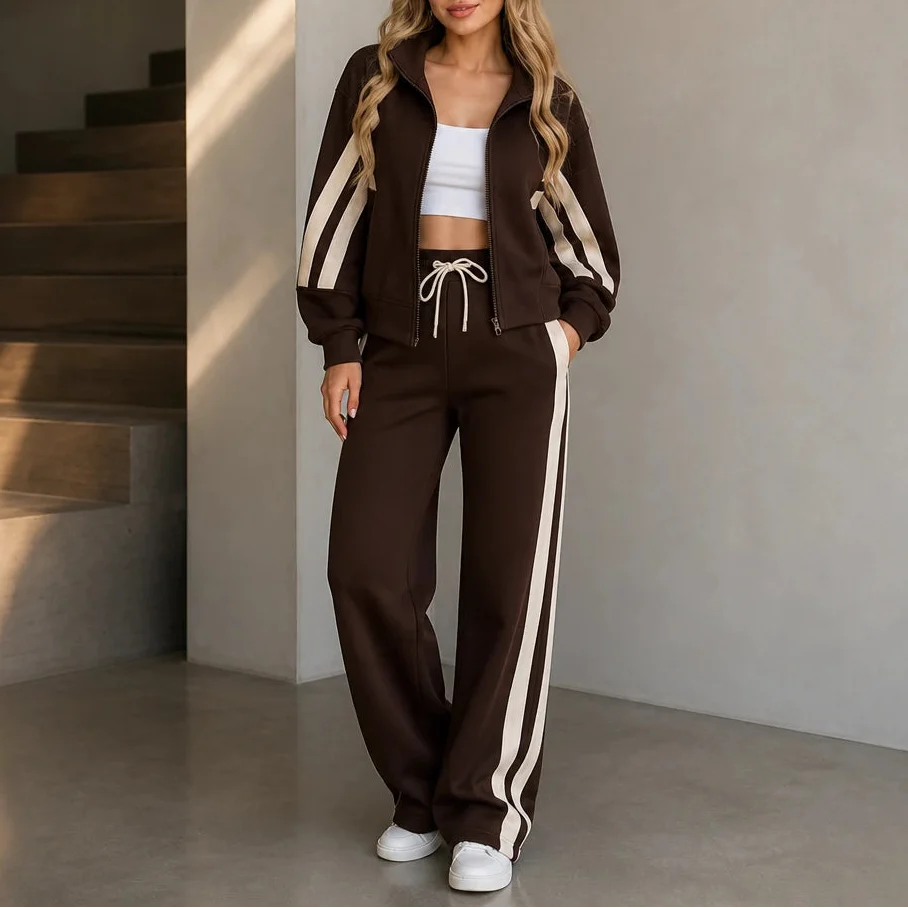 Stride & Set – Cream-Striped Sporty Two-Piece Set
