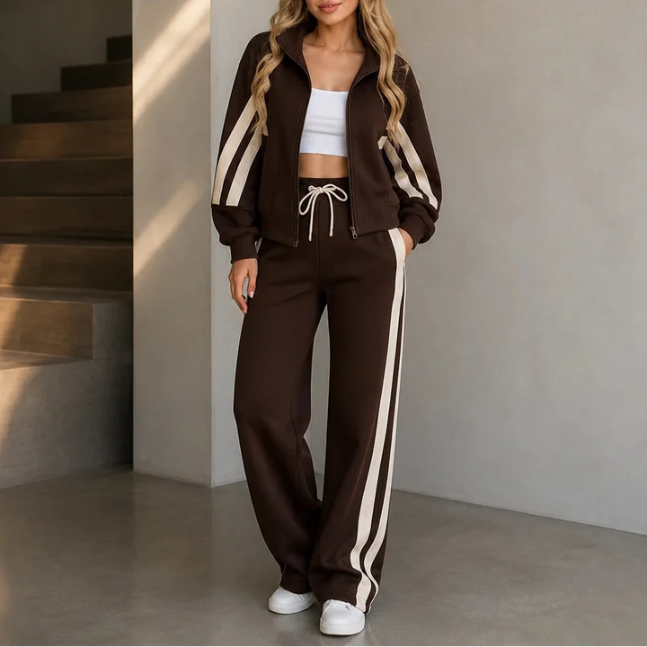 Stride & Set – Cream-Striped Sporty Two-Piece Set
