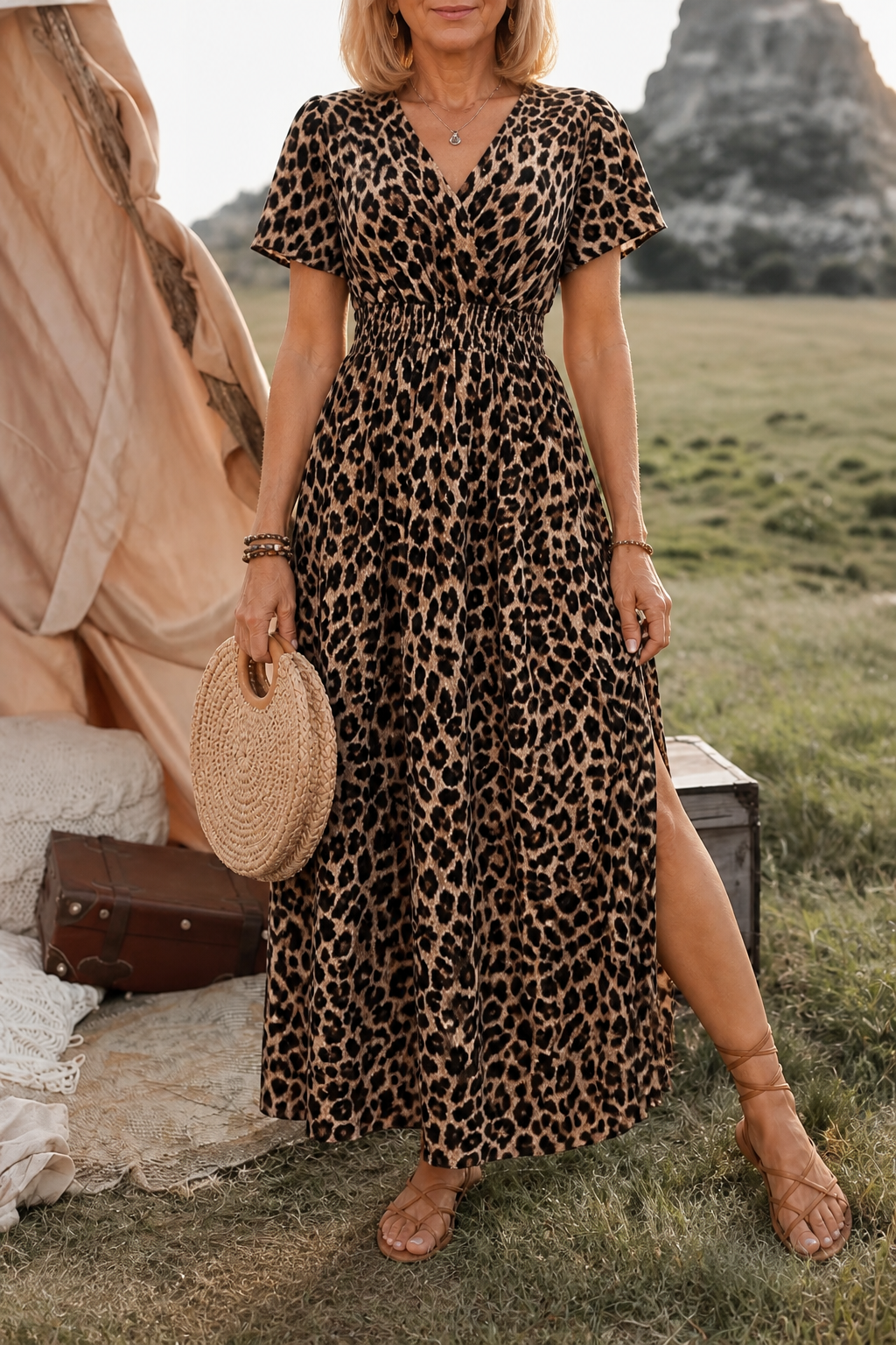 Lunetta – Button-Front V-Neck Side Slit Maxi Dress