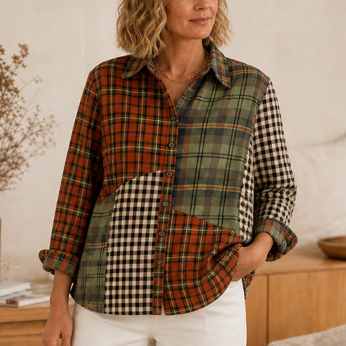 Plaidelle – Color-Block Patchwork Plaid Button-Up Shirt