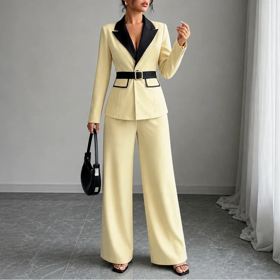 Vivia – Contrast-Lapel Belted Wide-Leg Pantsuit