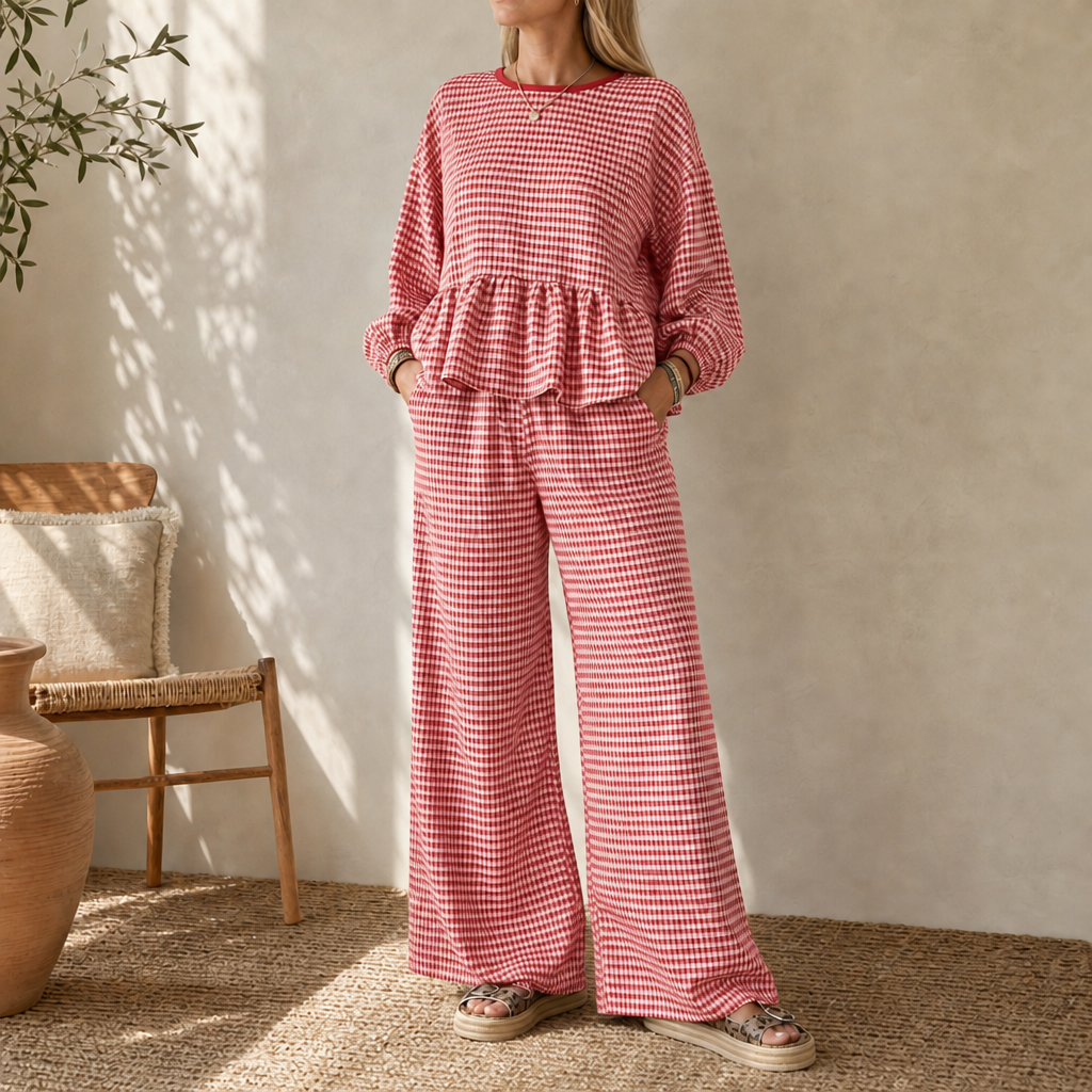 Elara – Gingham Peplum Top And Wide-Leg Pants Set