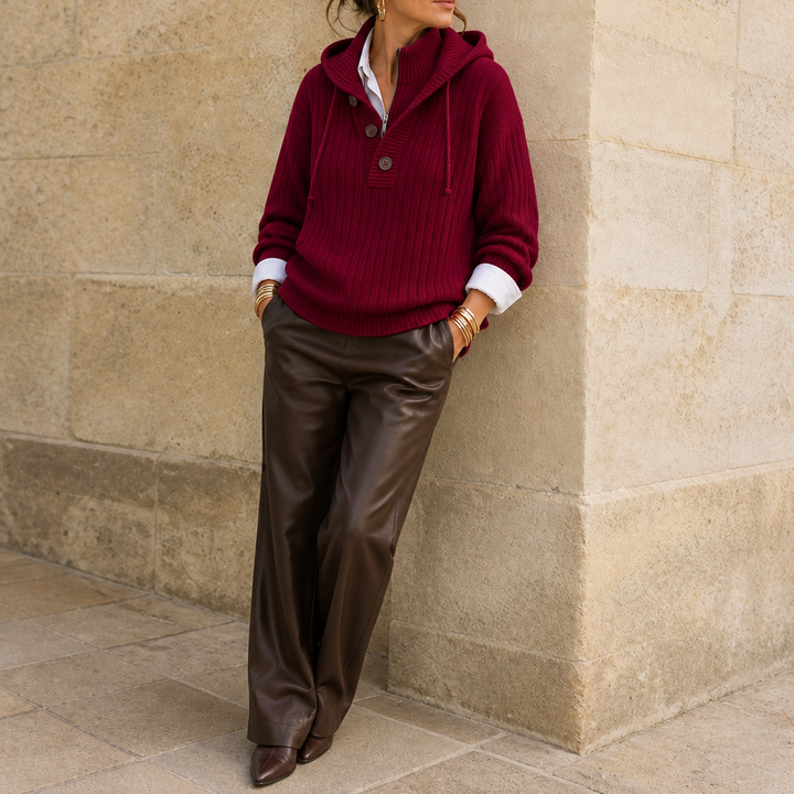 Sunlithe – Hooded Ribbed Collar Half-Zip Knit Pullover