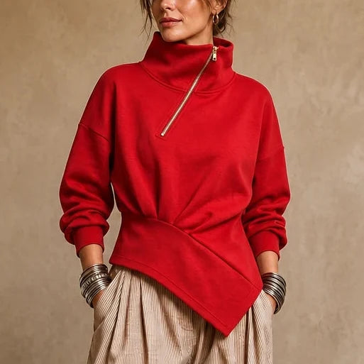 Velaire – Asymmetric Diagonal-Zip High-Neck Sweatshirt