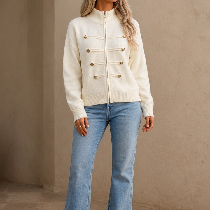 Mayfield – Gold Button Military-Style Knit Cardigan