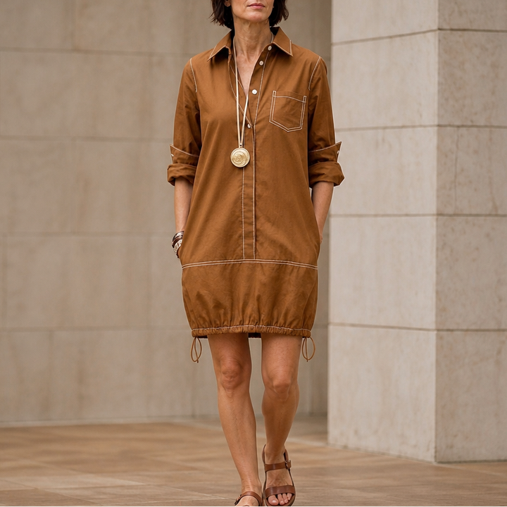 Collara – Lapel Collar Half-Sleeve Midi Dress