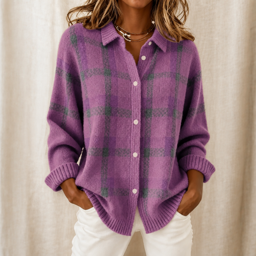 Verawool – Plaid Knit Shirt-Collar Cardigan