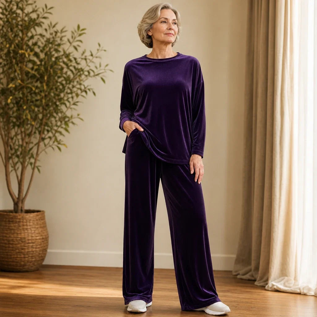 Veloura – Velvet-Look Long-Sleeve Top And Wide-Leg Pants Set