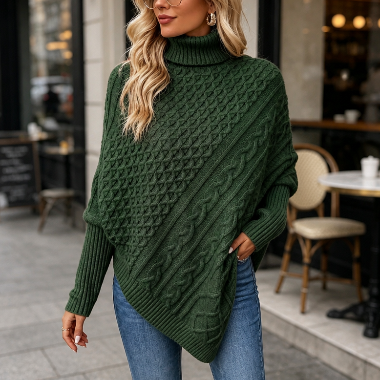 Cabelune – Cable-Knit Asymmetric Poncho Sweater