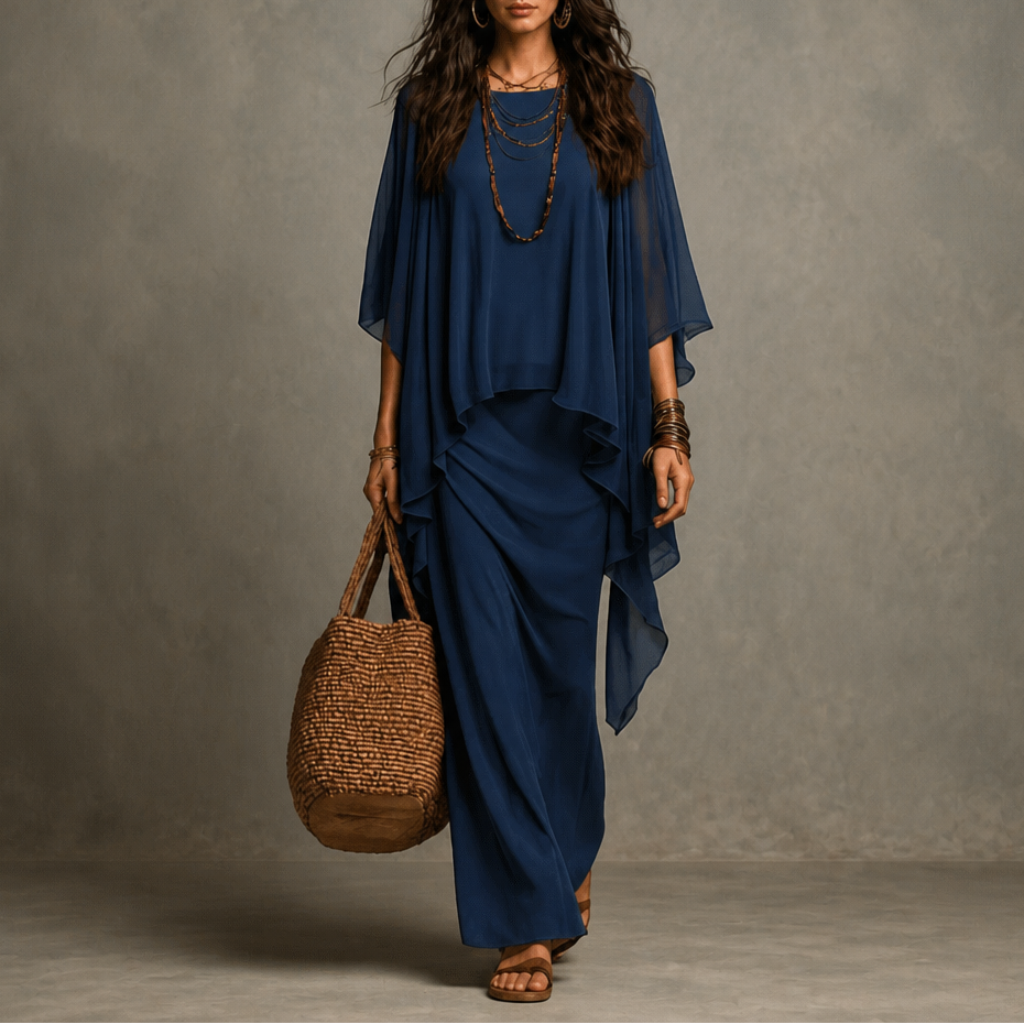 Draperie – Cape Sleeve Asymmetric Hem Maxi Dress