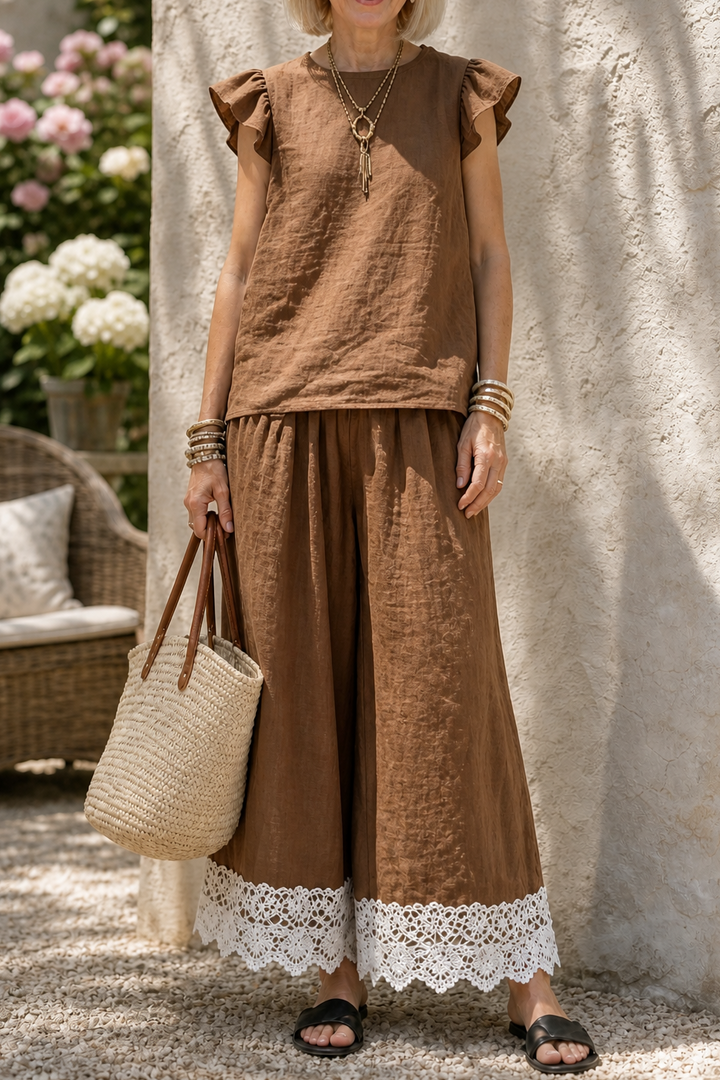 Linenza – Crochet-Hem Ruffle-Sleeve Two-Piece Set