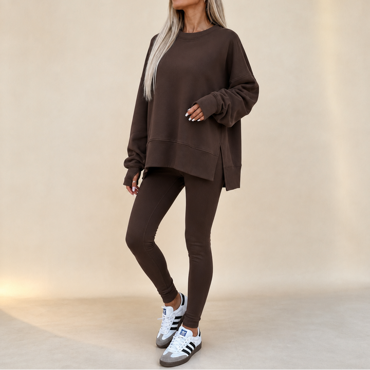 Cozelle – Thumbhole Sleeve Side-Slit Loungewear Set