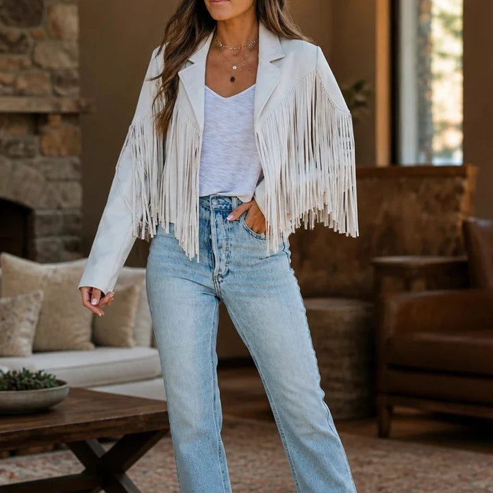 Fringe & Form – Laser-Cut Fringe Cropped Moto Jacket