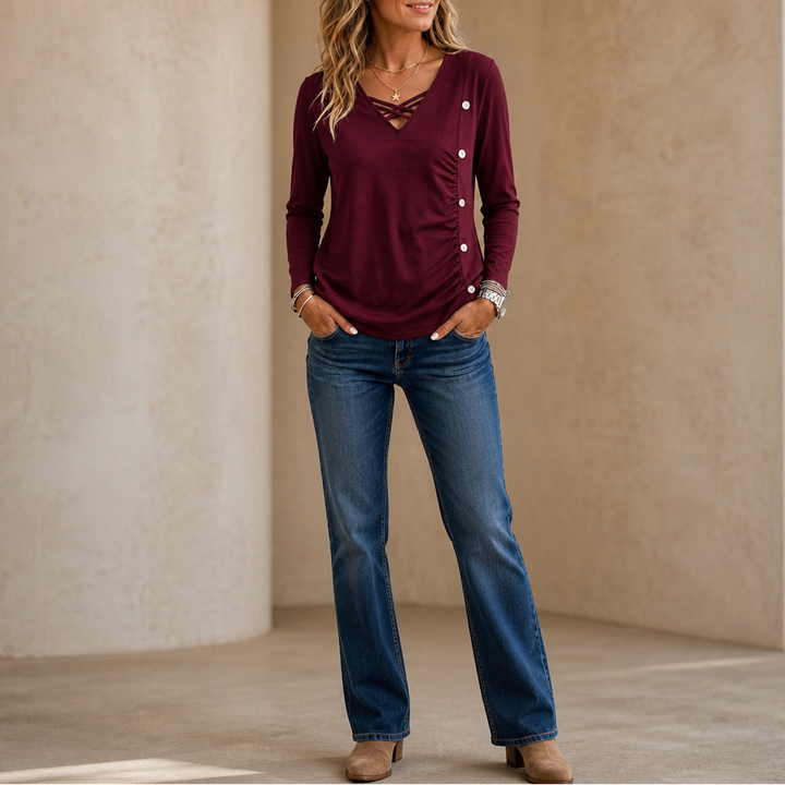 Ruchelle – Crisscross V-Neck Side-Ruched Top