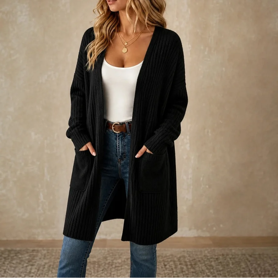 Aurelle – Long Ribbed Open-Front Cardigan