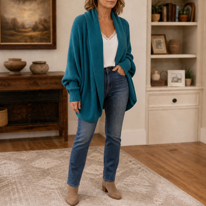 Drapeelle – Crochet-Look Open-Front Batwing Cardigan