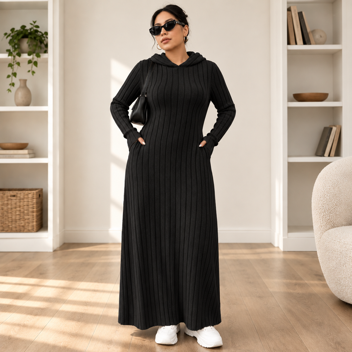Ribwarm – Hooded Ribbed-Knit Maxi Sweater Dress