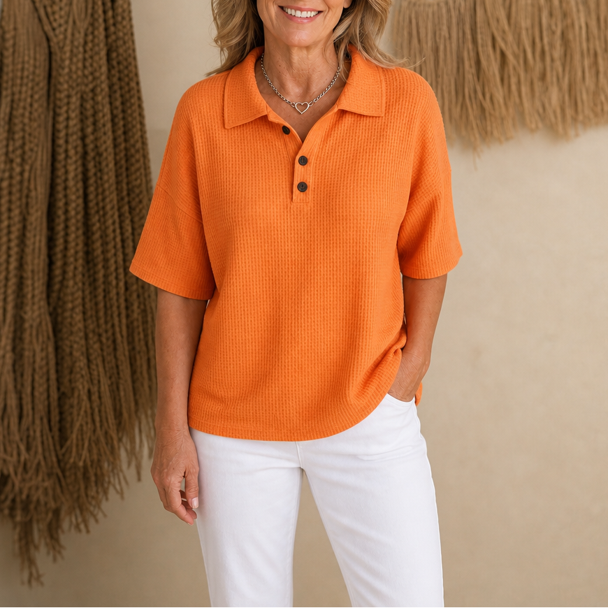 Waffield – Waffle-Knit Open-Collar Polo Blouse