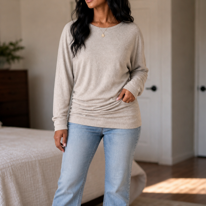 Ruchelle – Side-Ruched Batwing Knit Sweater