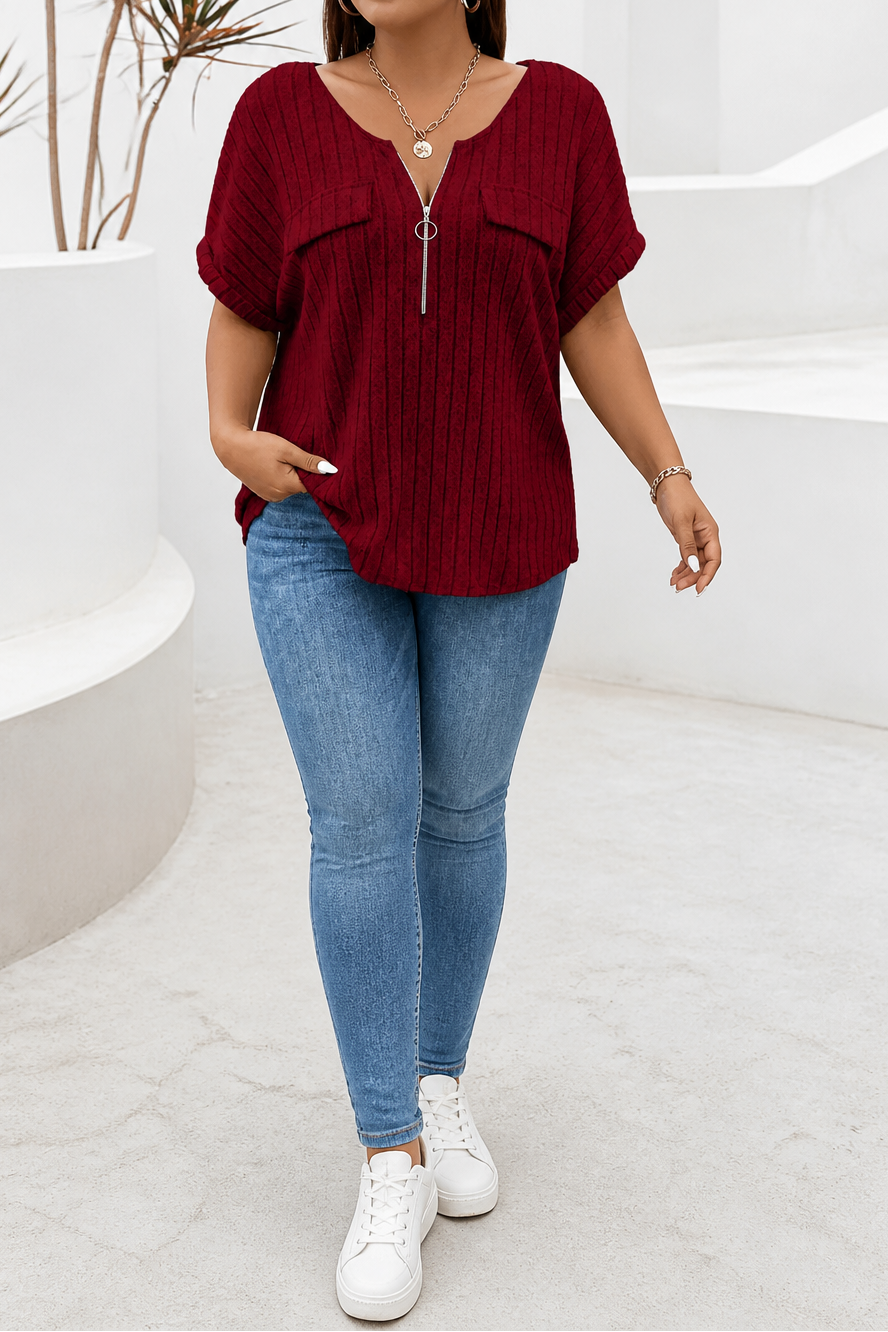 Veloura – Ribbed Adjustable Zip-Neck Knit Top