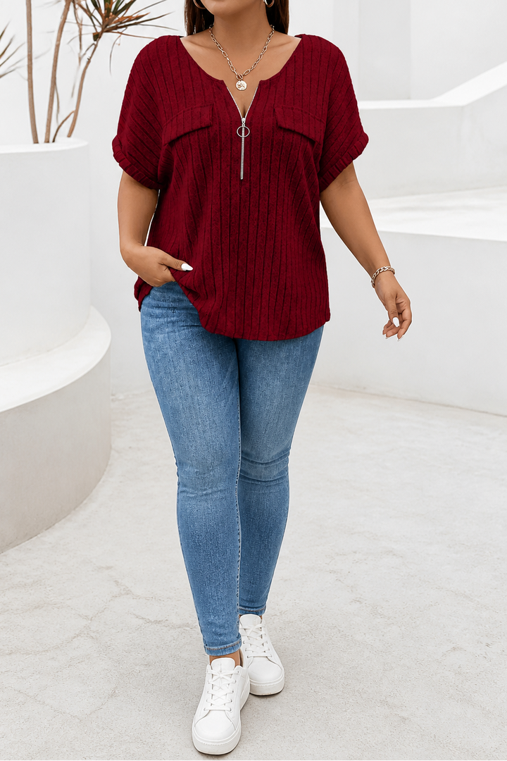 Veloura – Ribbed Adjustable Zip-Neck Knit Top