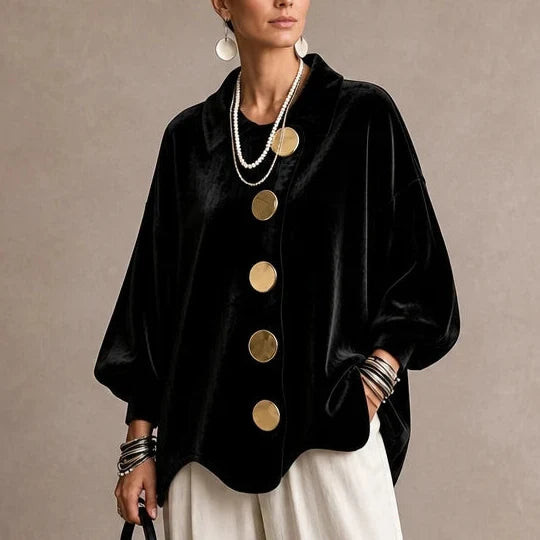 Velvara – Gold Button Velvet-Look Blouse