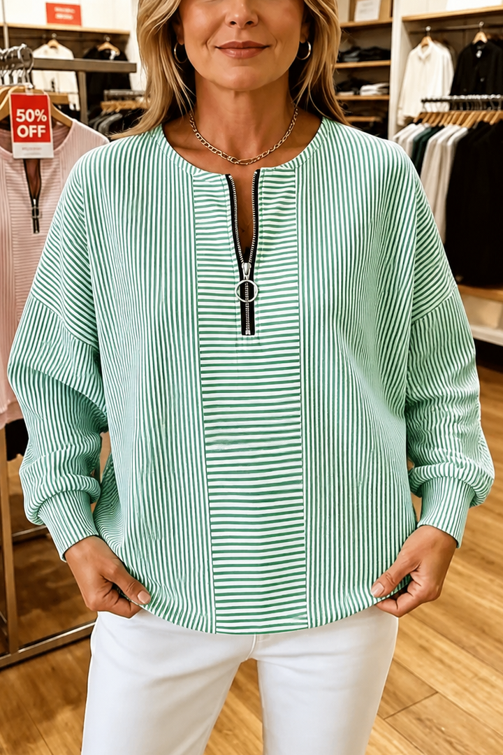 Everline – Striped Long Sleeve Zip-Up Top