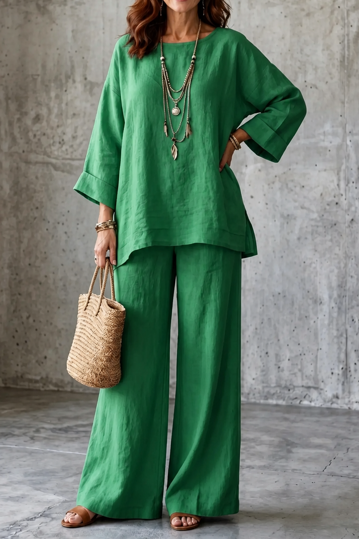 Wearlette – Linen-Look Wide-Leg Two-Piece Set