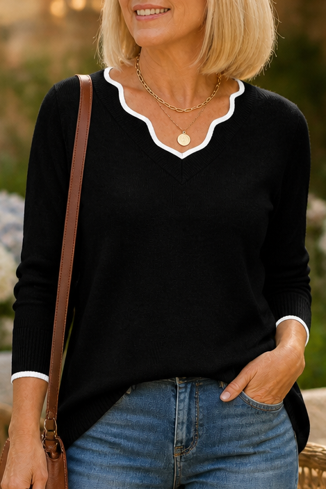 Wearbella – Wavy-Trim V-Neck Knit Top
