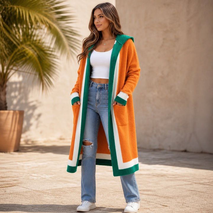 Coshabelle – Color-Block Hooded Long-Line Cardigan