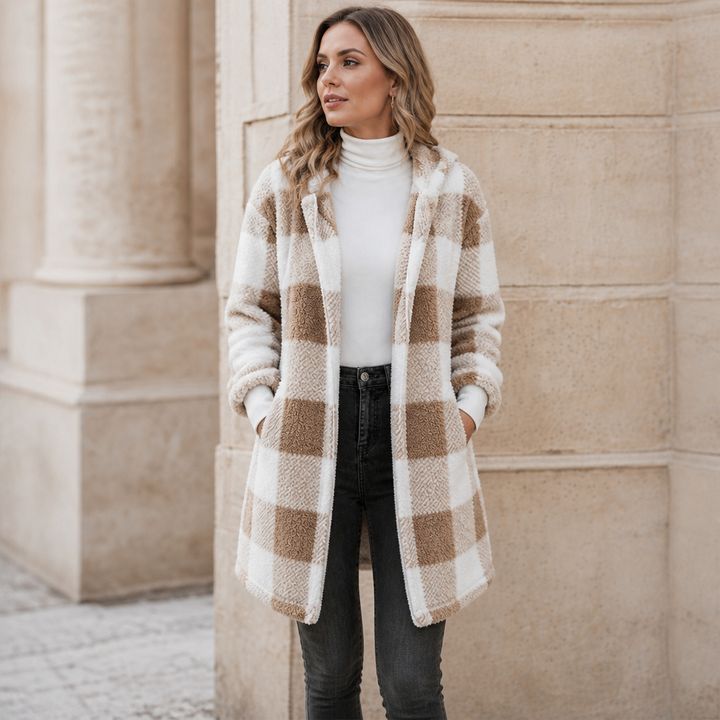 Plaidelle – Oversized Plaid Hooded Fleece-Look Cardigan