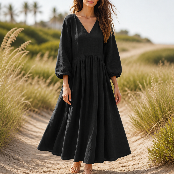 Linenova – Pleated V-Neck Cotton-Linen Look Maxi Dress