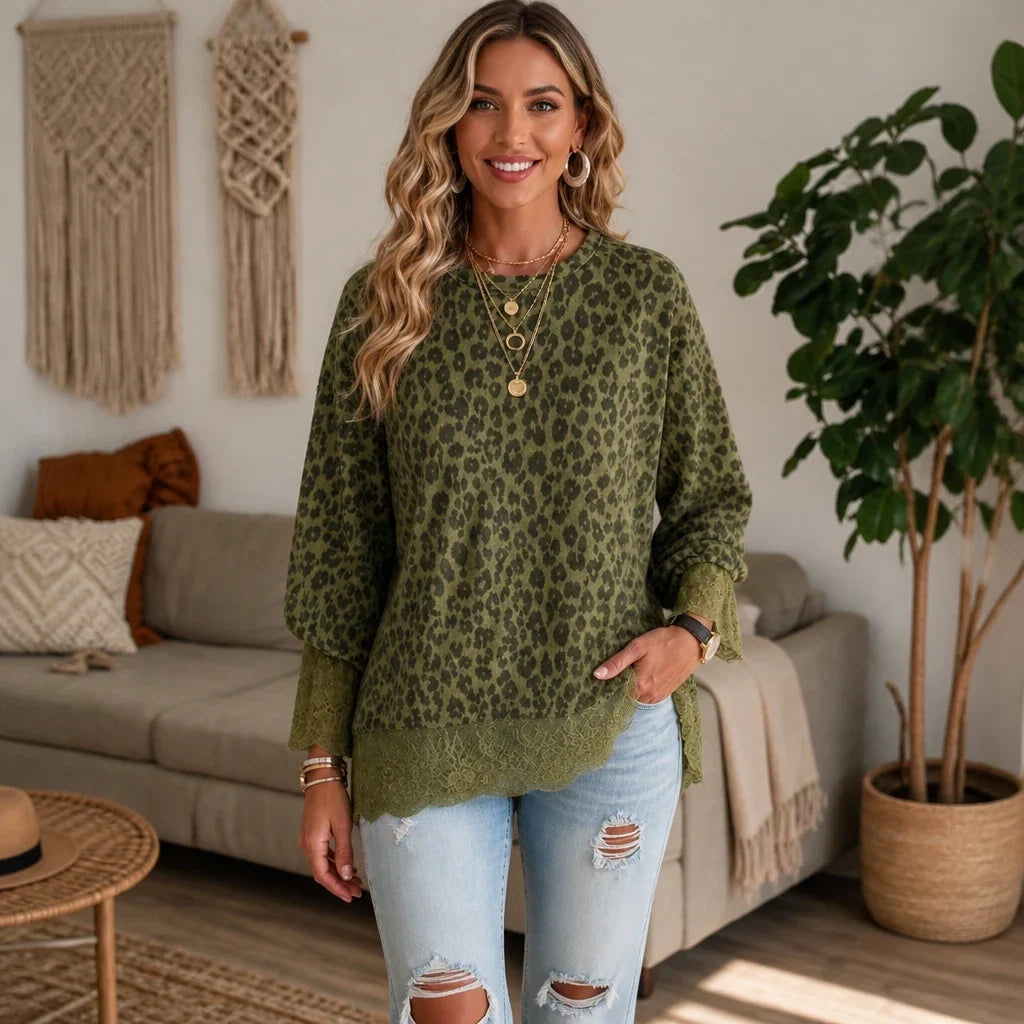 Leopard Lace Layer Top – Leopard Print Faux-Layered Pullover