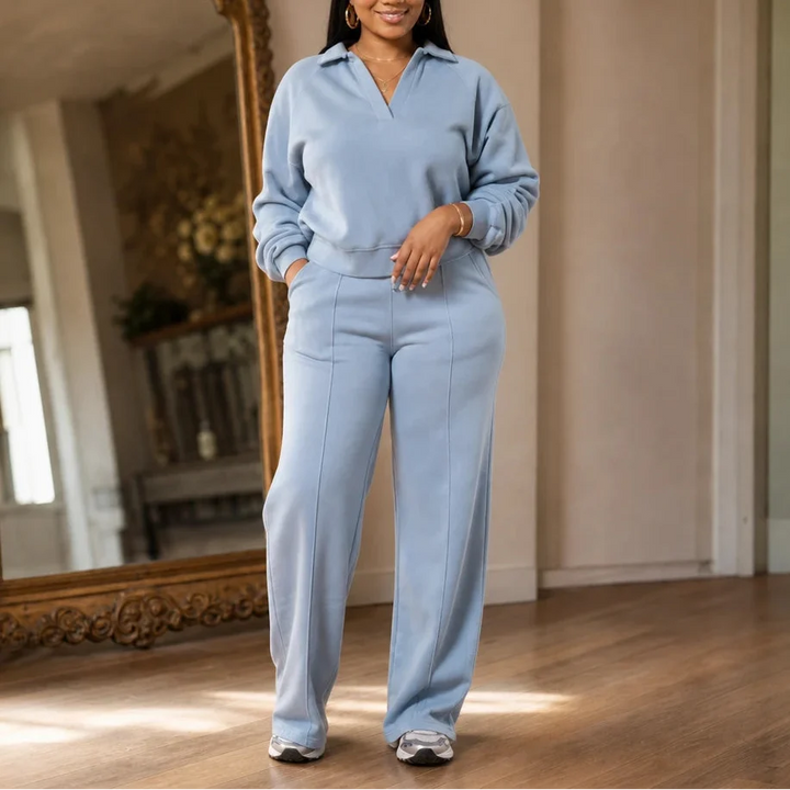 Velaire – Collared V-Neck Top And Straight-Leg Pants Set