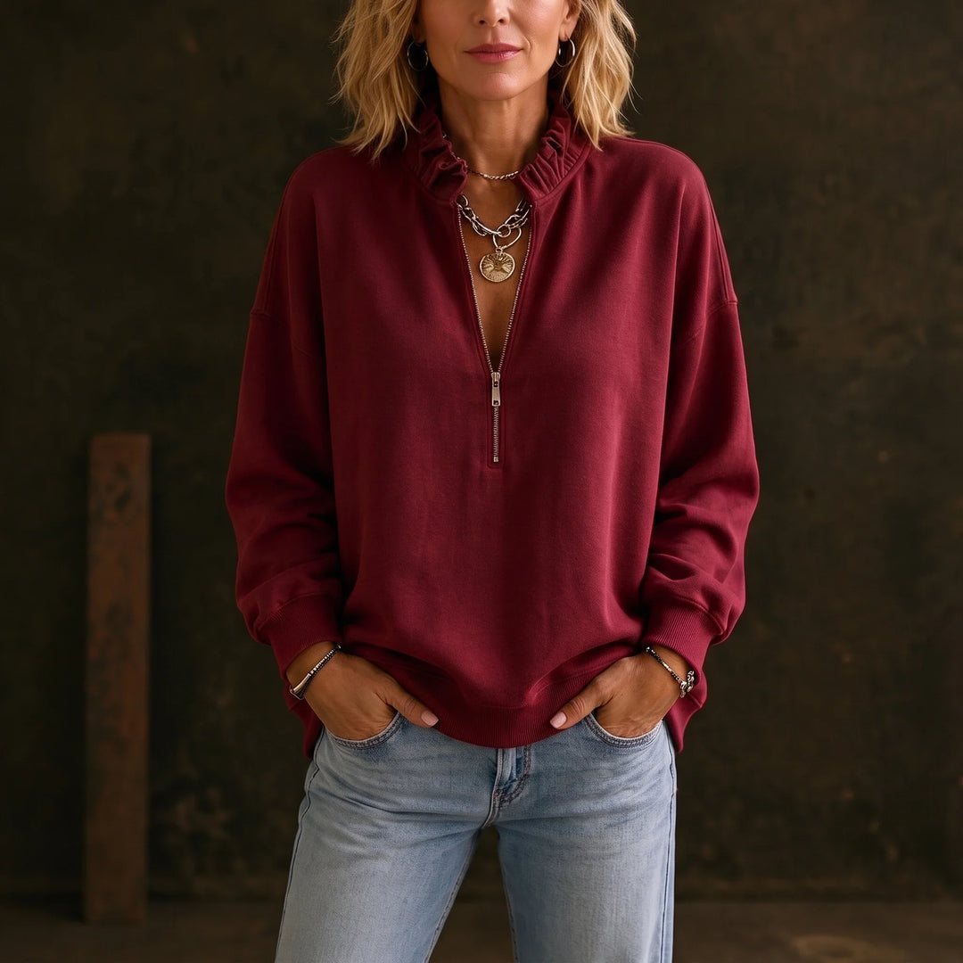 Ruffle & Rise – Ruffled Mock-Neck Quarter-Zip Sweatshirt