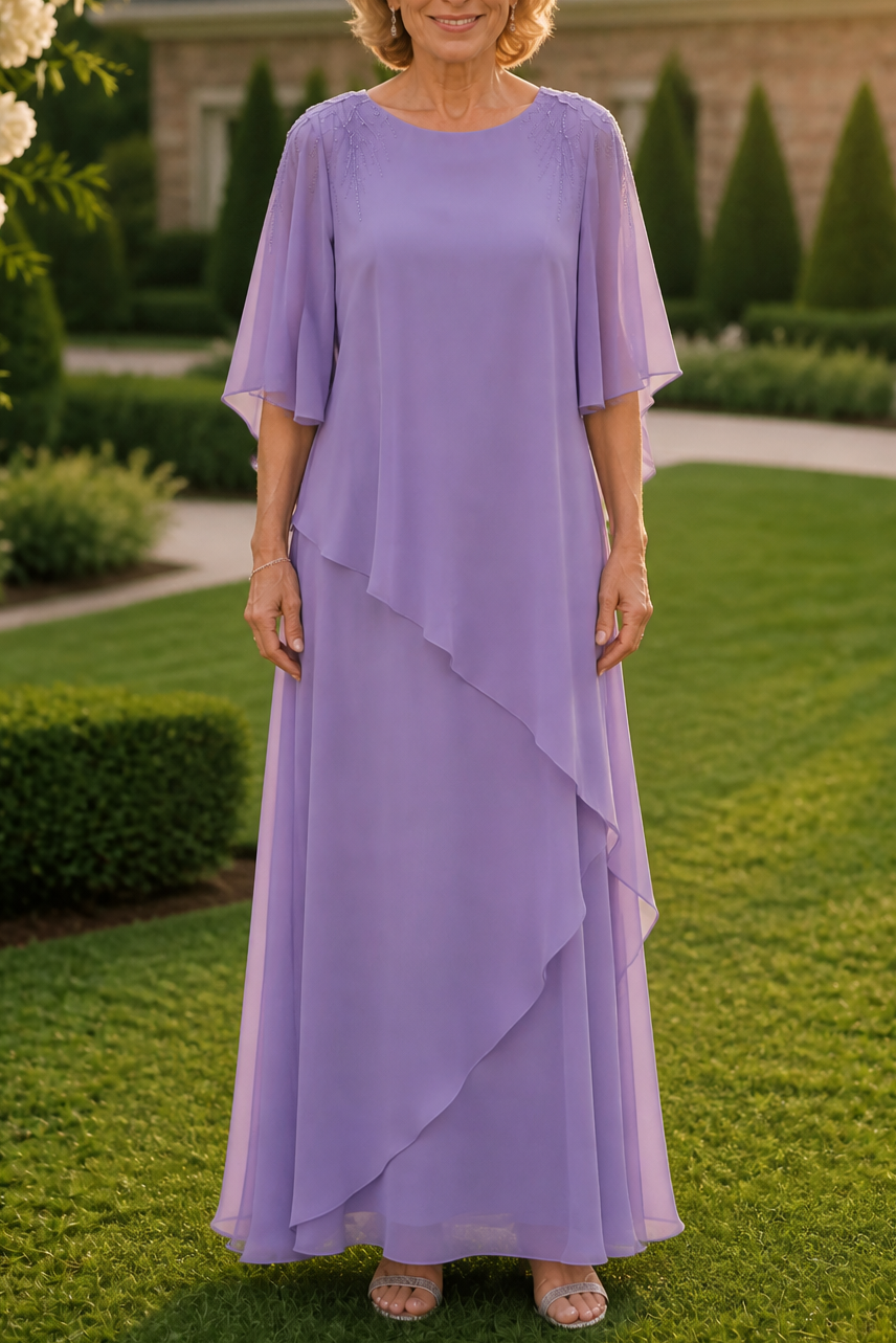 Vellamora – Cape Sleeve Layered Chiffon-Look Evening Gown